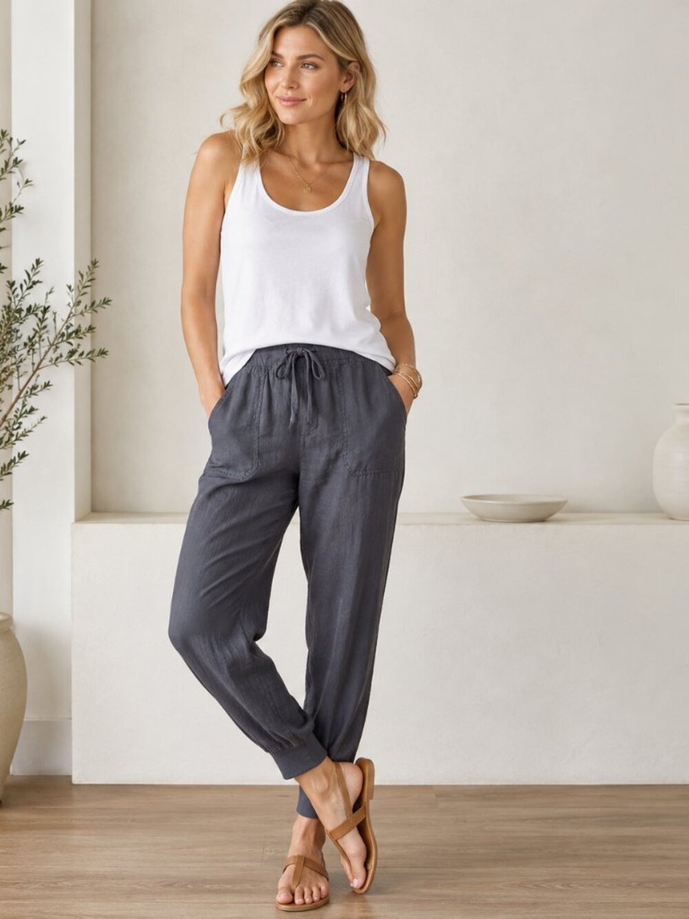 Caslon 100% Linen Jogger Pants Medium Steel Gray Drawstring Utility Casual